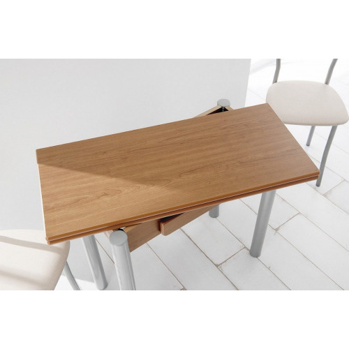 Mesa de cocina con extensible de libro Kombi con encimera, cajón y armazon laminado en color cerezo de 90x40 y patas metálicas en color aluminio