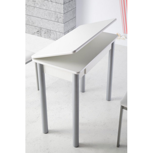 Mesa de Cocina Rectangular Extensible - 80X40/80cm - Modelo RIBETA - Sobre BLANCO MDF - Patas Metal Plata