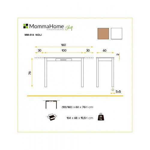 Mesa de Cocina Rectangular Extensible NOLI - 100/160x60cm - Sobre Roble Amazona MDF - Patas Metal
