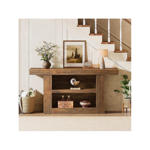 Mesa de consola con almacenamiento, mesa de entrada rústica de 3 niveles con base en forma de U, 160 cm