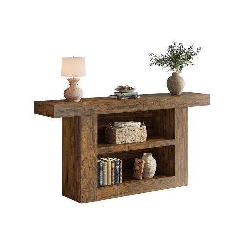 Mesa de consola con almacenamiento, mesa de entrada rústica de 3 niveles con base en forma de U, 160 cm