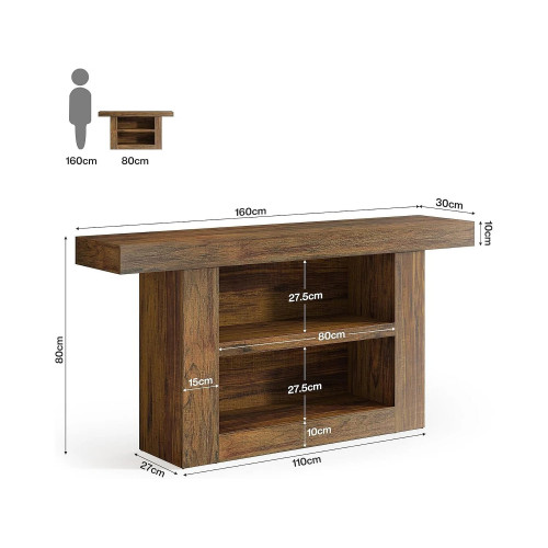 Mesa de consola con almacenamiento, mesa de entrada rústica de 3 niveles con base en forma de U, 160 cm