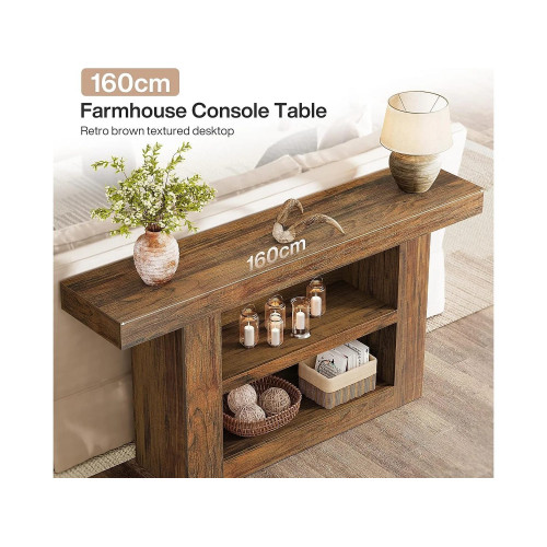 Mesa de consola con almacenamiento, mesa de entrada rústica de 3 niveles con base en forma de U, 160 cm