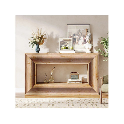 Mesa de consola de 150 cm, mesa rústica de entrada con canaletas y almacenamiento, larga mesa de sofá detrás del sofá