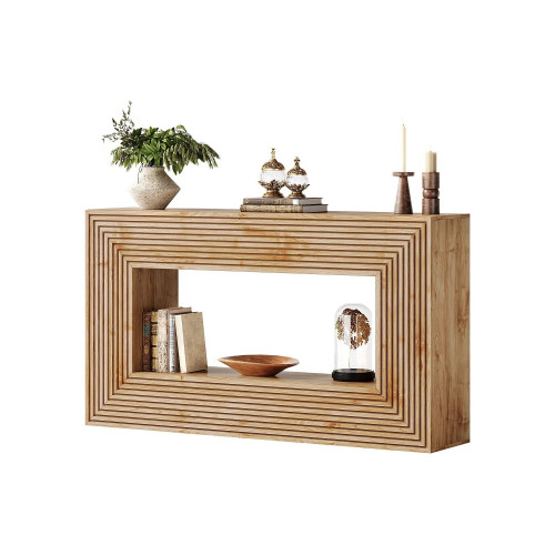 Mesa de consola de 150 cm, mesa rústica de entrada con canaletas y almacenamiento, larga mesa de sofá detrás del sofá