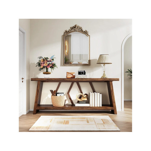 Mesa de sofá larga de 180 cm para sala de estar, mesa consola estrecha de 2 niveles con almacenamiento