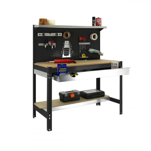 Mesa de trabajo con panel, cajón y repisa 144,5x121x61 cm antracita/madera