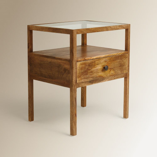 Mesita de noche de madera de mango con 1 cajón Madurai EuroVolter Natural