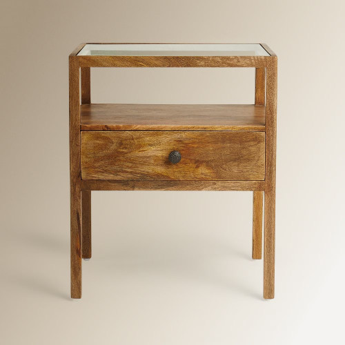 Mesita de noche de madera de mango con 1 cajón Madurai EuroVolter Natural