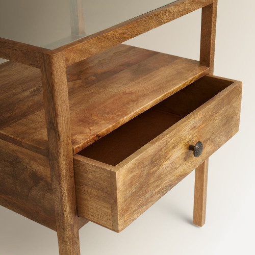 Mesita de noche de madera de mango con 1 cajón Madurai EuroVolter Natural