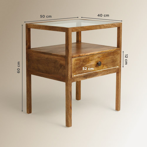 Mesita de noche de madera de mango con 1 cajón Madurai EuroVolter Natural