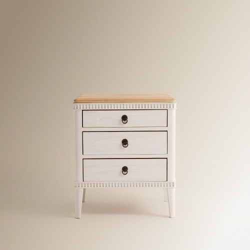 Mesita de noche de madera de pino reciclado con 3 cajones Amelia EuroVolter Blanco