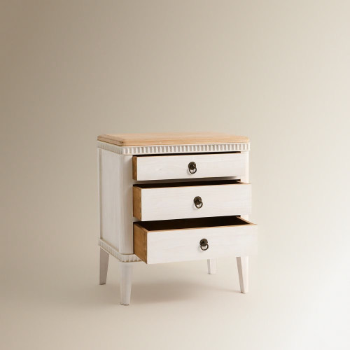 Mesita de noche de madera de pino reciclado con 3 cajones Amelia EuroVolter Blanco