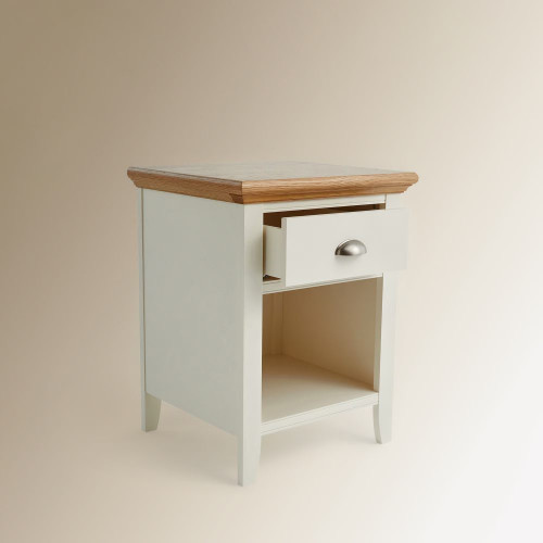 Mesita de noche de madera de roble con cajón Hampstead EuroVolter Blanco roto/Roble