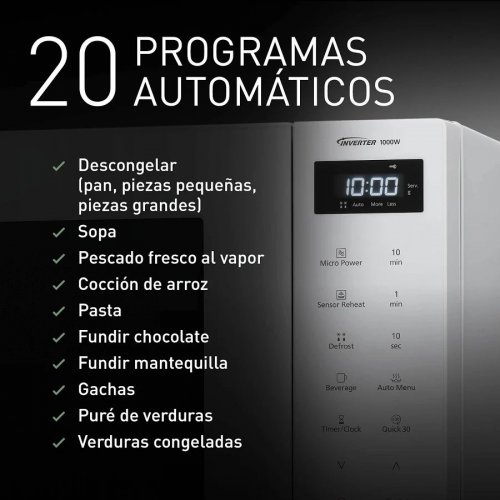 Microondas Inverter Espacioso 32L - 20 Programas Automáticos, 1000W