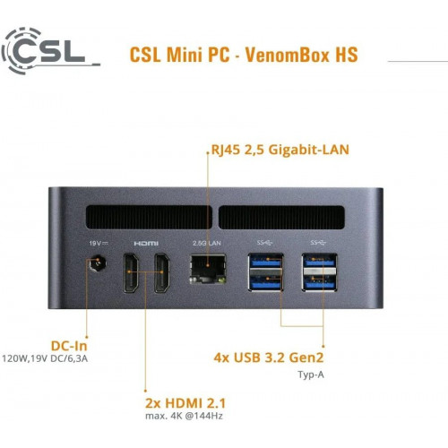 Mini PC CSL VenomBox 8845HS AMD Ryzen 7 8845HS AMD Radeon 780M 8 GB de memoria RAM SO-DIMM DDR5