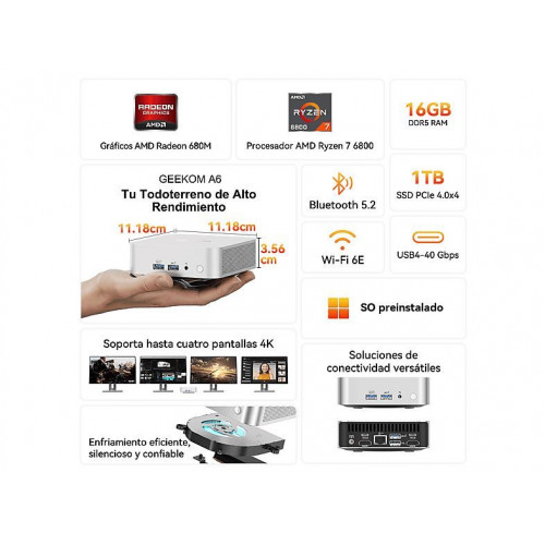 Mini PC - GEEKOM A6, AMD Ryzen 7 6800, 16 GB RAM, 1 TB SSD, Radeon™ 680M, Windows 11, Plata
