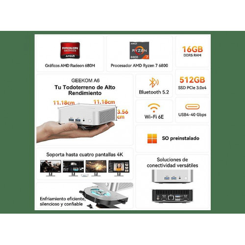 Mini PC - GEEKOM A6, AMD Ryzen™ 7 6800H, 16 GB RAM, 512 GB SSD, Radeon™ 680M, Windows 11, Plata