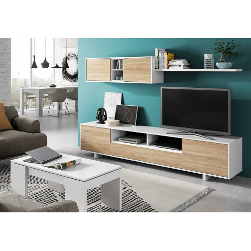 Mobelcenter - Mueble salón Moderno Belus - Módulo TV, Módulo Superior y Estante - Blanco Brillo y Roble Canadian - 200 cm x 46 cm x 41 cm - (1086)