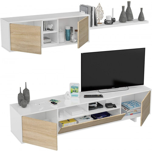 Mobelcenter - Mueble salón Moderno Belus - Módulo TV, Módulo Superior y Estante - Blanco Brillo y Roble Canadian - 200 cm x 46 cm x 41 cm - (1086)