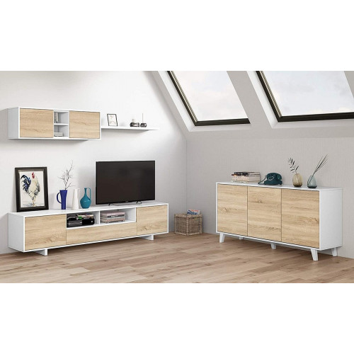 Mobelcenter - Mueble salón Moderno Belus - Módulo TV, Módulo Superior y Estante - Blanco Brillo y Roble Canadian - 200 cm x 46 cm x 41 cm - (1086)