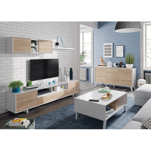 Mobelcenter - Mueble salón Moderno Belus - Módulo TV, Módulo Superior y Estante - Blanco Brillo y Roble Canadian - 200 cm x 46 cm x 41 cm - (1086)