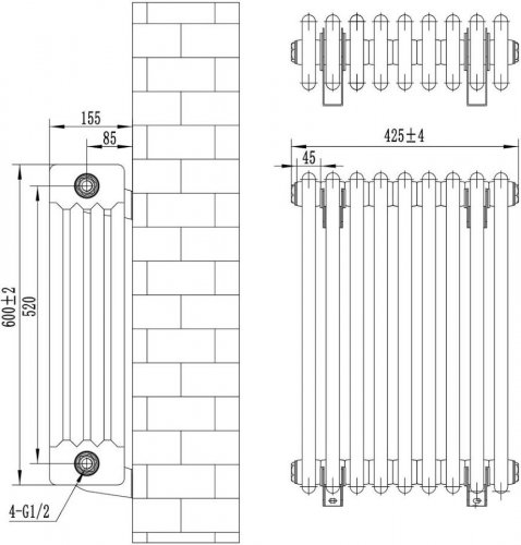 MonsterShop Radiador horizontal 4 columnas negro + válvulas