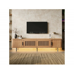 Mueble bajo para TV de 180 cm con 2 cajones, 2 puertas correderas e iluminación LED - MDF y aglomerado - 180 x 40 x 44,5 cm - Natural