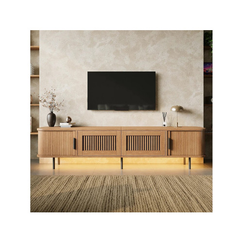 Mueble bajo para TV de 180 cm con 2 cajones, 2 puertas correderas e iluminación LED - MDF y aglomerado - 180 x 40 x 44,5 cm - Natural