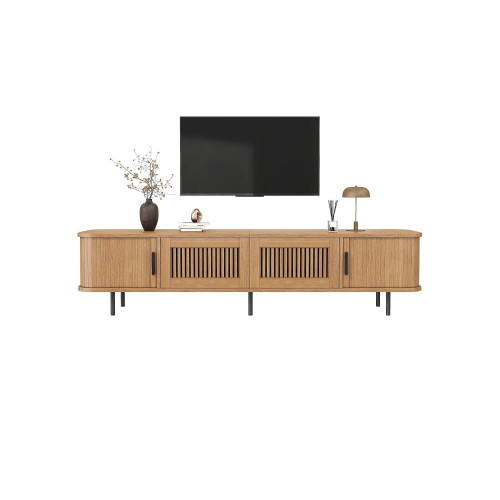 Mueble bajo para TV de 180 cm con 2 cajones, 2 puertas correderas e iluminación LED - MDF y aglomerado - 180 x 40 x 44,5 cm - Natural