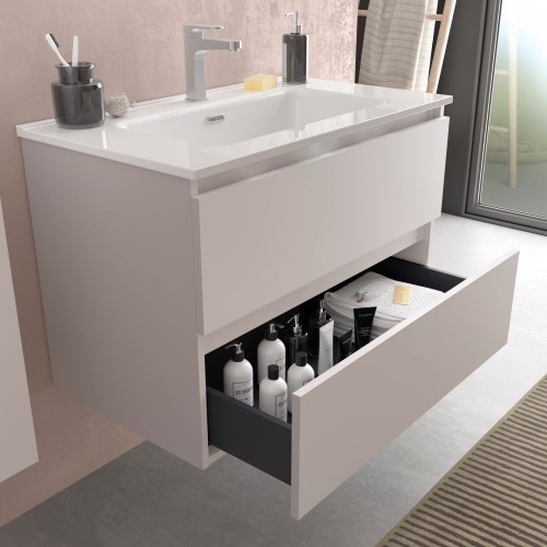 Mueble de baño con 2 cajones y lavabo de porcelana Bequia Salgar Roble