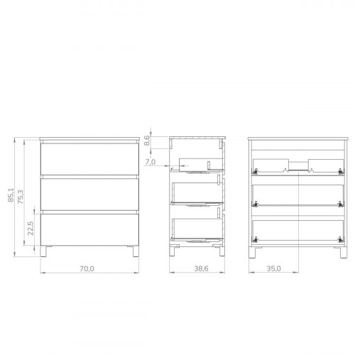 Mueble de baño con lavabo ESPACIO F39 + LAVABO blanco 70x39 cm fondo reducido con 3 cajones