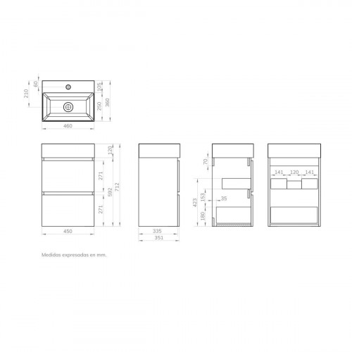 Mueble de baño con lavabo Espacio M olmo mate 45x35 cm fondo reducido con 2 cajones