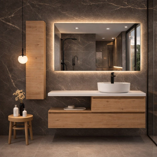 MUEBLE DE BAÑO SENSI-SUEVE 100 SUSPENDIDO 2C COLOR ROBLE CON ENCIMERA Y LAVABO CIRCO