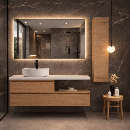 MUEBLE DE BAÑO SENSI-SUEVE 100 SUSPENDIDO 2C COLOR ROBLE CON ENCIMERA Y LAVABO CIRCO