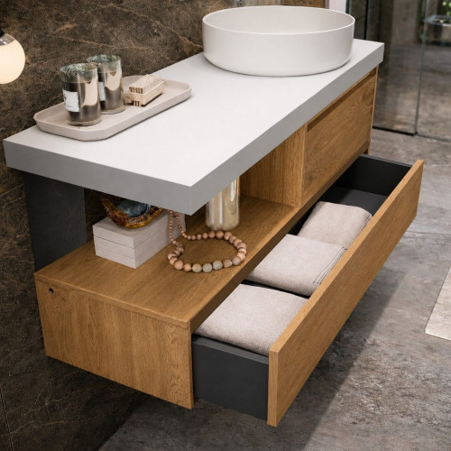 MUEBLE DE BAÑO SENSI-SUEVE 100 SUSPENDIDO 2C COLOR ROBLE CON ENCIMERA Y LAVABO CIRCO