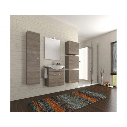 Mueble de baño suspendido 55 cm en madera de roble ahumado con lavabo cerámico y espejo con lámpara LED - Polis