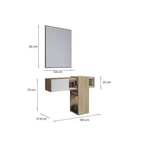 Mueble de entrada Daba, espejo incluido, 100x31x75h cm, marrón roble, un estante, perchero