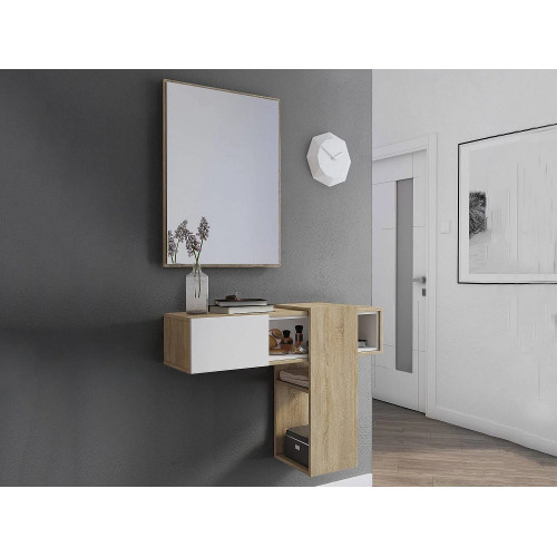 Mueble de entrada Daba, espejo incluido, 100x31x75h cm, marrón roble, un estante, perchero