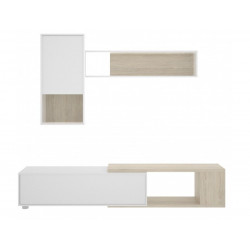 Mueble de pared mueble TV 230 cm blanco brillo y roble natural - Ribe