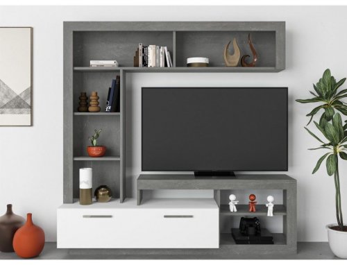 Mueble de pared retro gris y mueble TV blanco mate - Nizza