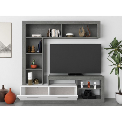 Mueble de pared retro gris y mueble TV blanco mate - Nizza