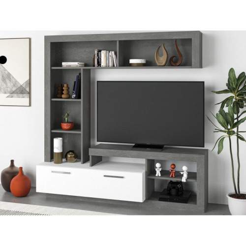 Mueble de pared retro gris y mueble TV blanco mate - Nizza