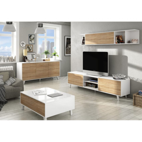 Mueble de salón TV 180 cm blanco brillo y roble canadiense – Pisa