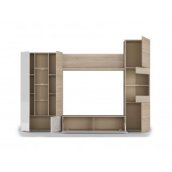 Mueble de salón TV 260 cm blanco brillo y roble claro – Ostende