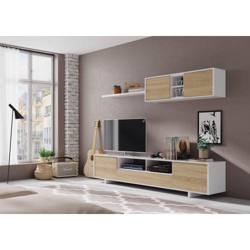 Mueble de salón TV Belus Blanco brillo / Roble 46x200x41 cm (altox anchoxfondo)