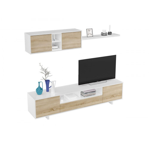 Mueble de salón TV Belus Blanco brillo / Roble 46x200x41 cm (altox anchoxfondo)