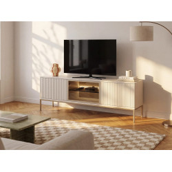 Mueble de TV 3 puertas con LEDs en MDF y vidrio ahumado - Beige y negro - OVILA