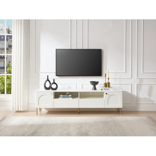 Mueble de TV con 2 puertas, 2 cajones y 2 huecos - Blanco y dorado - ALOBARA