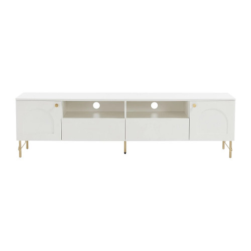 Mueble de TV con 2 puertas, 2 cajones y 2 huecos - Blanco y dorado - ALOBARA